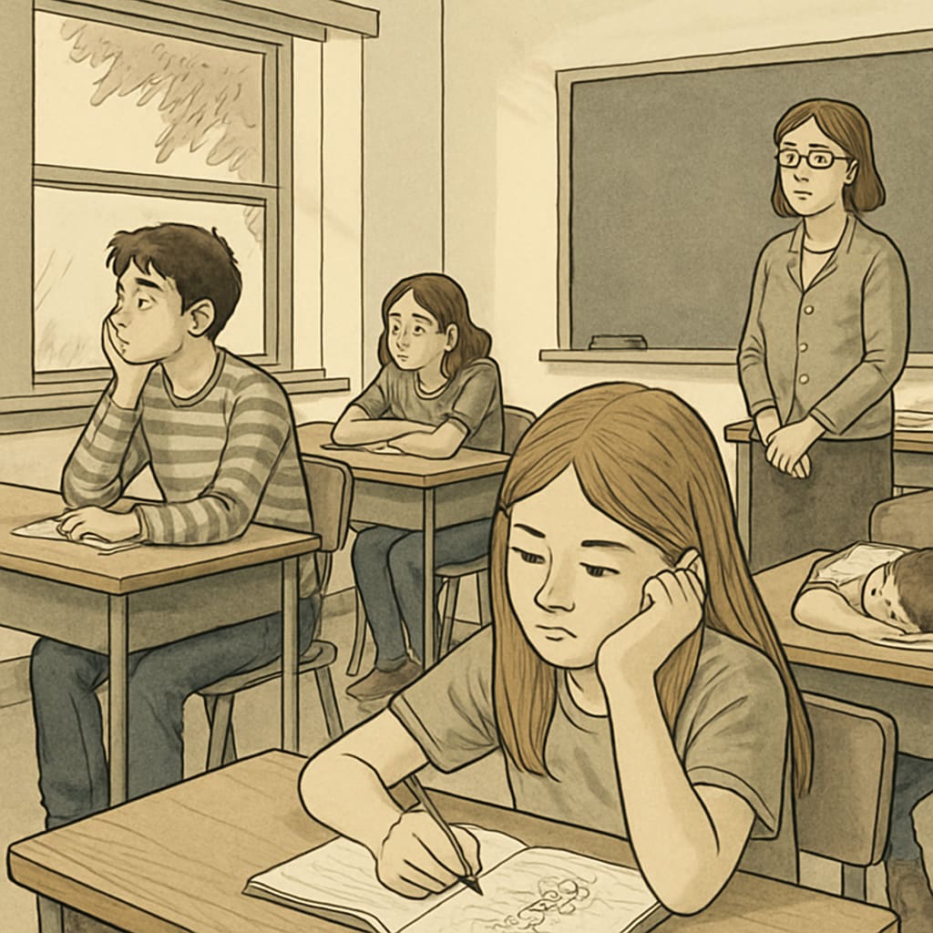 A classroom with students appearing disengaged, some looking out the window or doodling in their notebooks, symbolizing boredom in education. Students in a classroom showing signs of boredom, highlighting the issue of disengagement in K12 education.