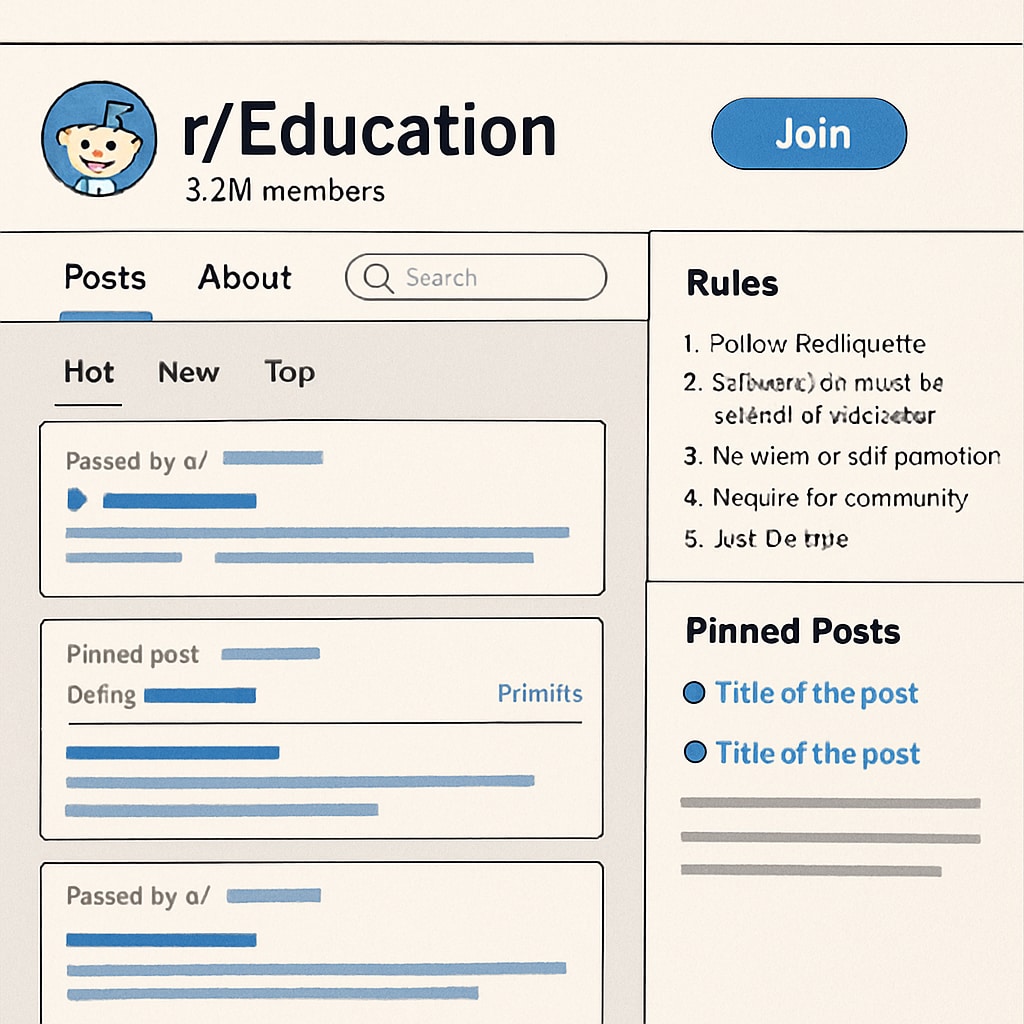 A screenshot of the r/Education subreddit homepage, showcasing the rules and pinned posts in the sidebar. Screenshot of the r/Education subreddit homepage highlighting community rules.