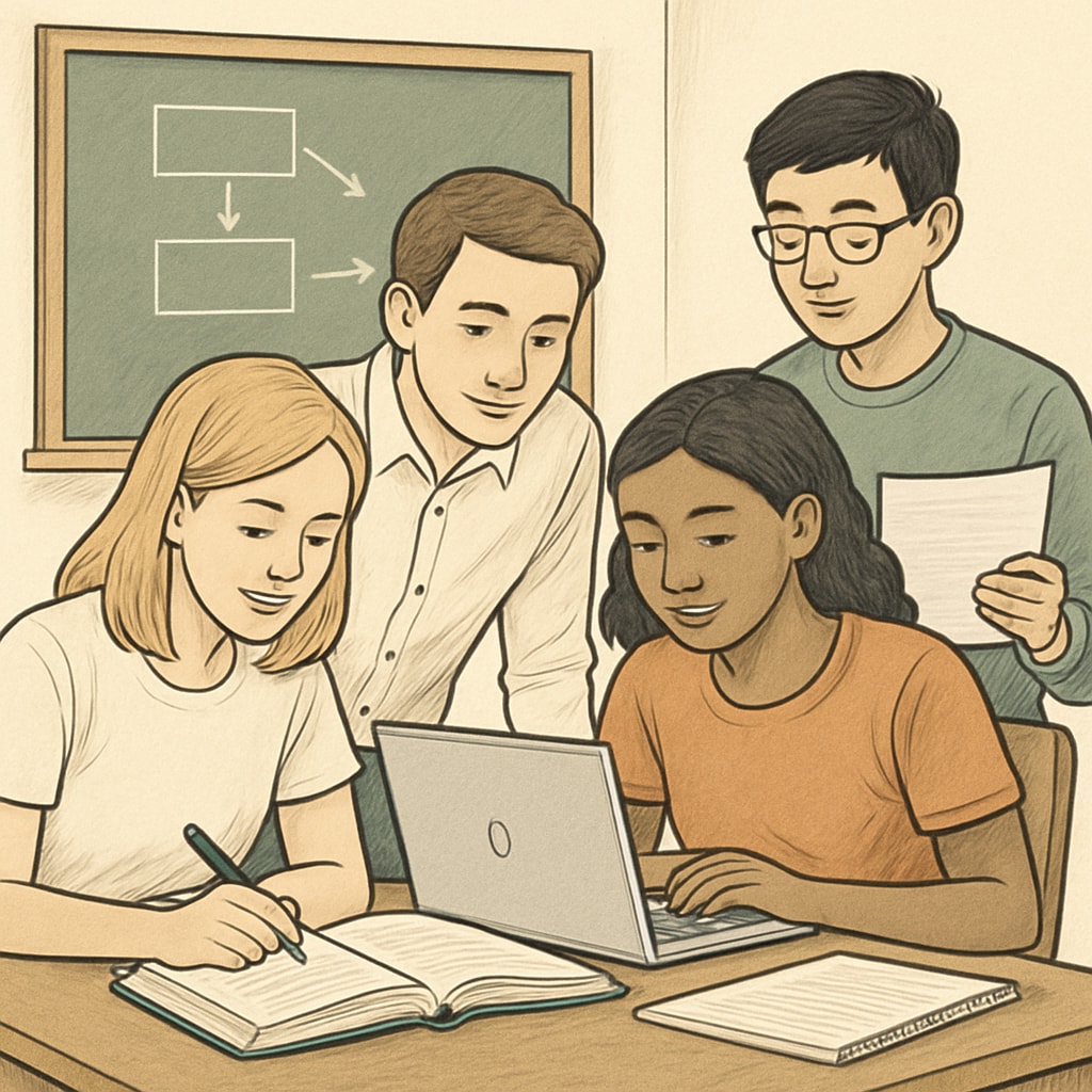 A group of high school students engaging in collaborative research, emphasizing teamwork over competition Students collaborating on research, challenging Ivy League obsession culture