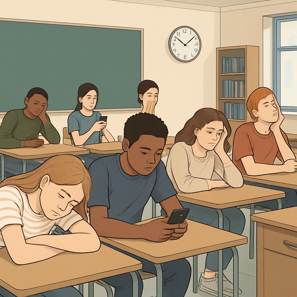 A high school classroom with students slumped at their desks, scrolling on their phones or staring at the clock, representing disengagement in older grades. High school students disengaged during class, illustrating increasing levels of boredom in older grades.