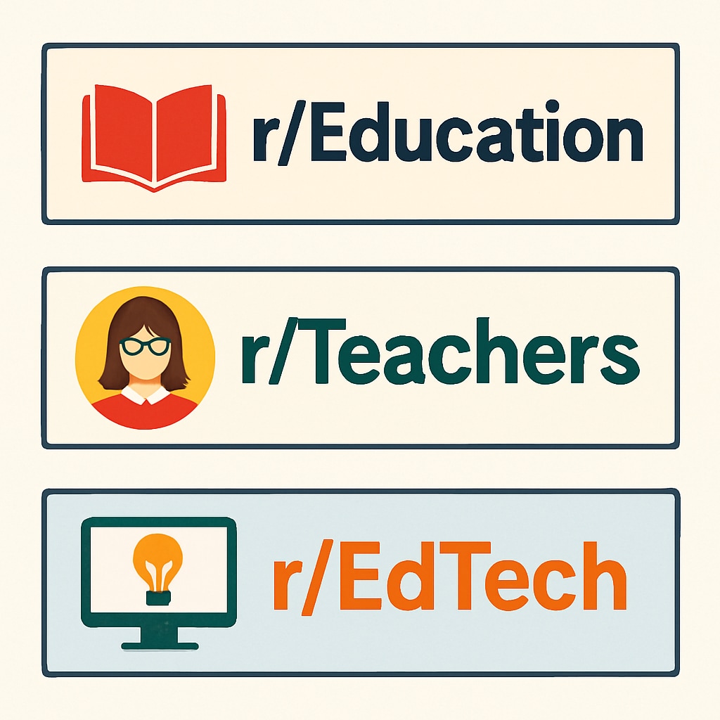 A collage featuring logos or banners of popular education subreddits like r/Education, r/Teachers, and r/EdTech. Collage of logos and banners from various education-related subreddits.