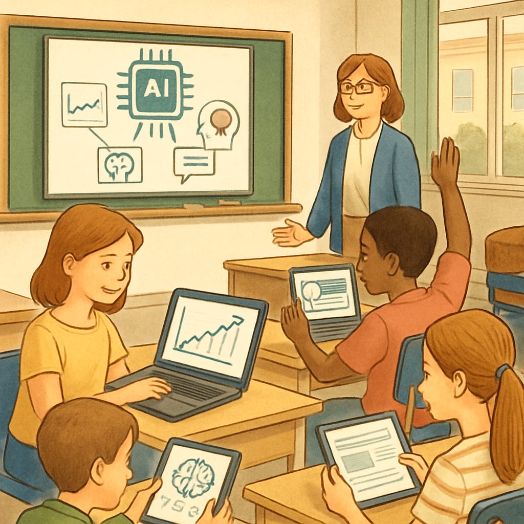 A classroom with students using AI-powered learning tools, symbolizing the integration of technology into education. Students using AI tools in a classroom to enhance learning outcomes.