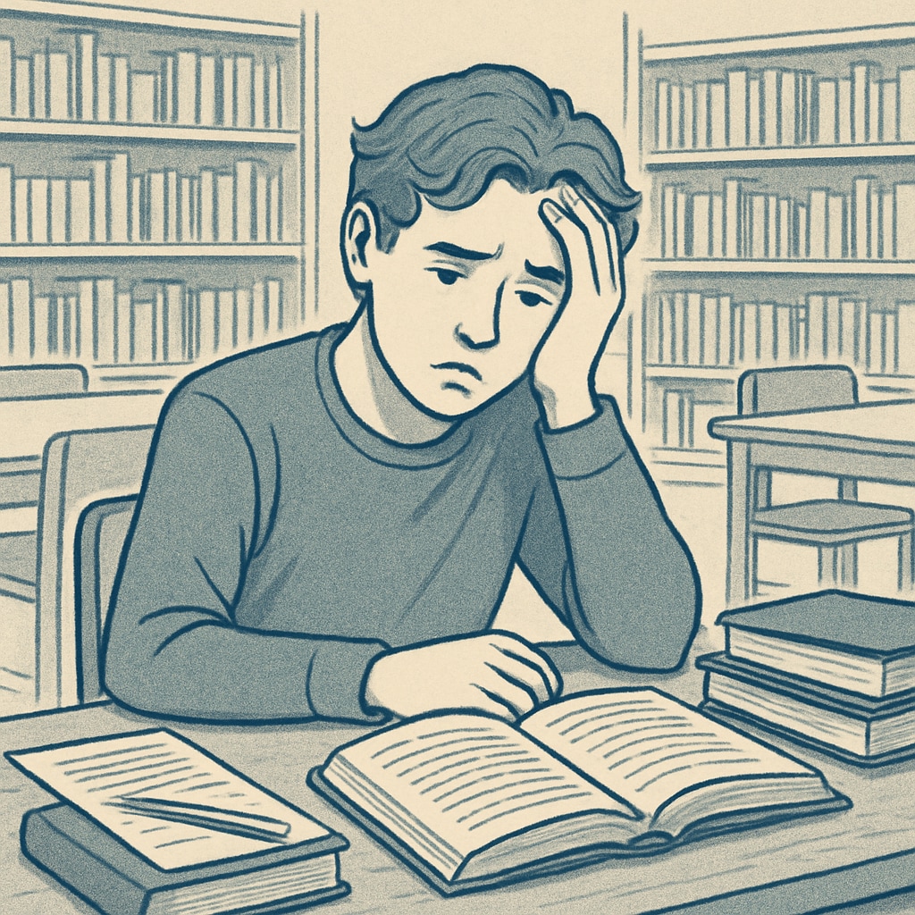 A student sitting alone, appearing distressed, in a library setting.