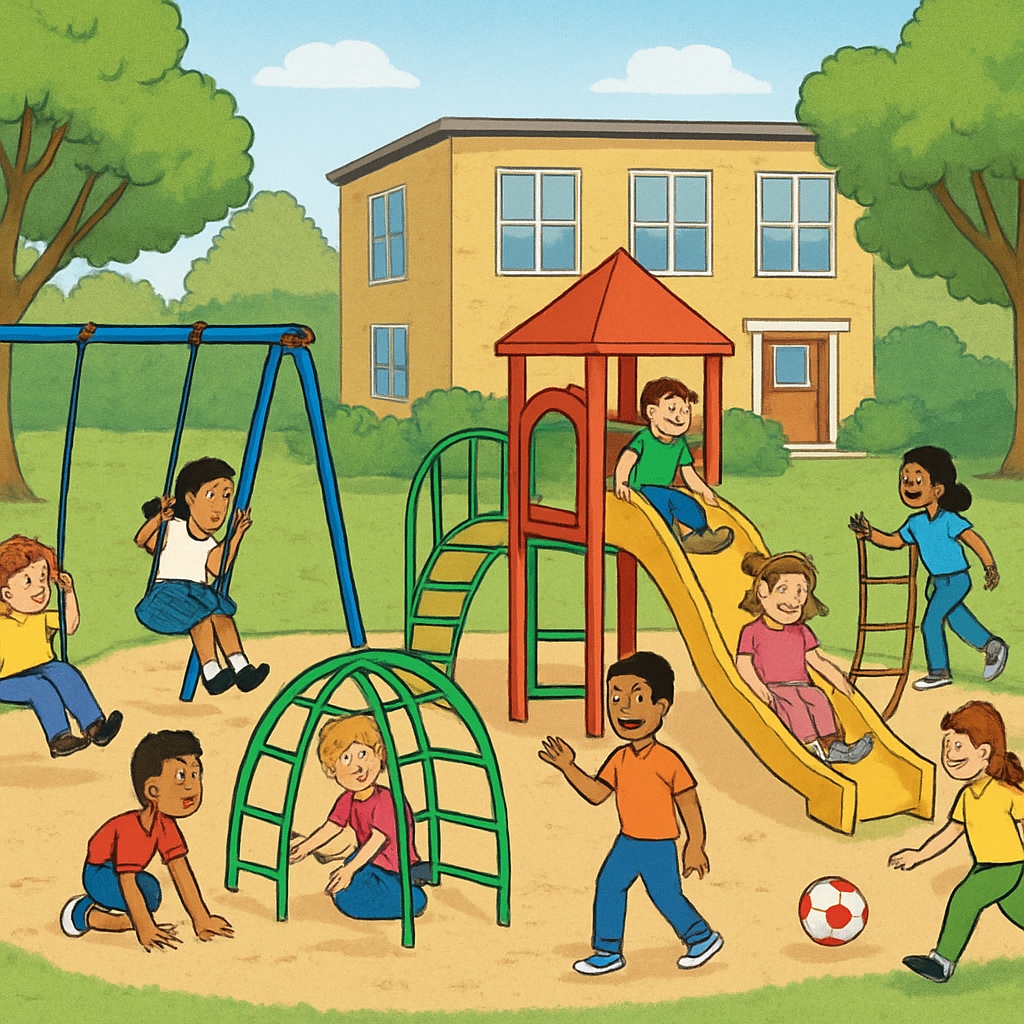 Children playing on a school playground during relocation.