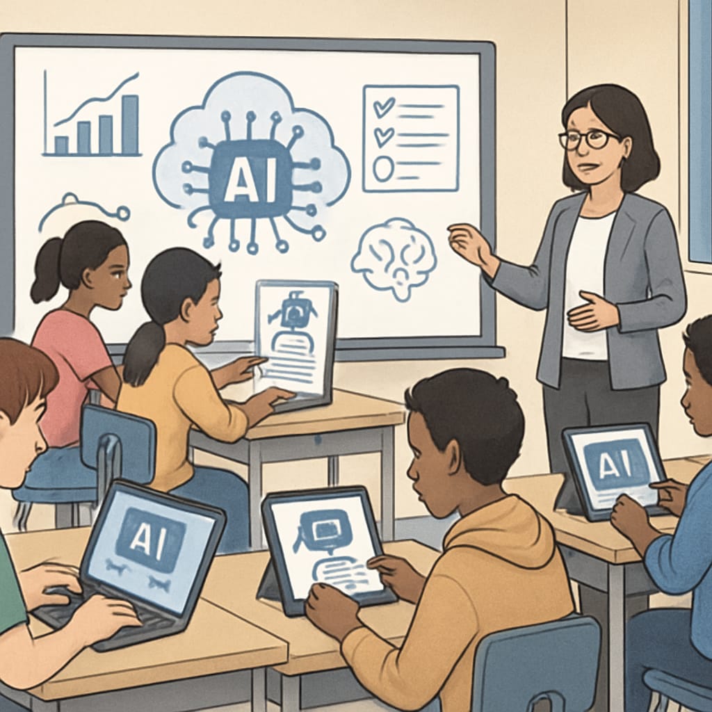 A classroom setting where students are using AI tools for learning, highlighting both opportunities and challenges. Students in a classroom using AI tools for education, representing AI's impact on competitive exams.