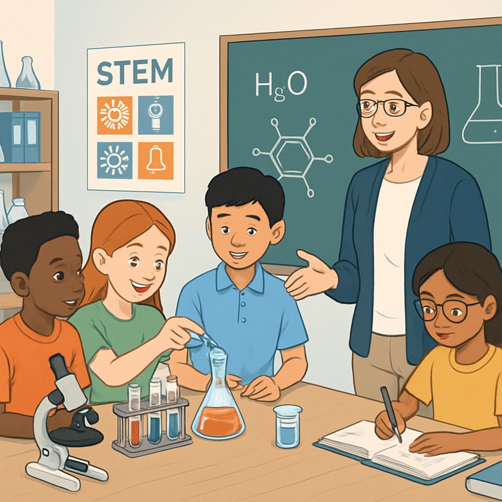 A classroom setting with students engaged in a hands-on science experiment, representing the need for improved STEM education in schools. Students conducting a science experiment in a classroom, highlighting STEM education challenges.