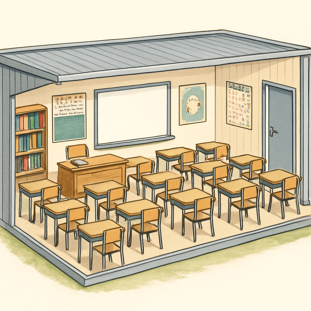 Modular classroom with students learning during school relocation.