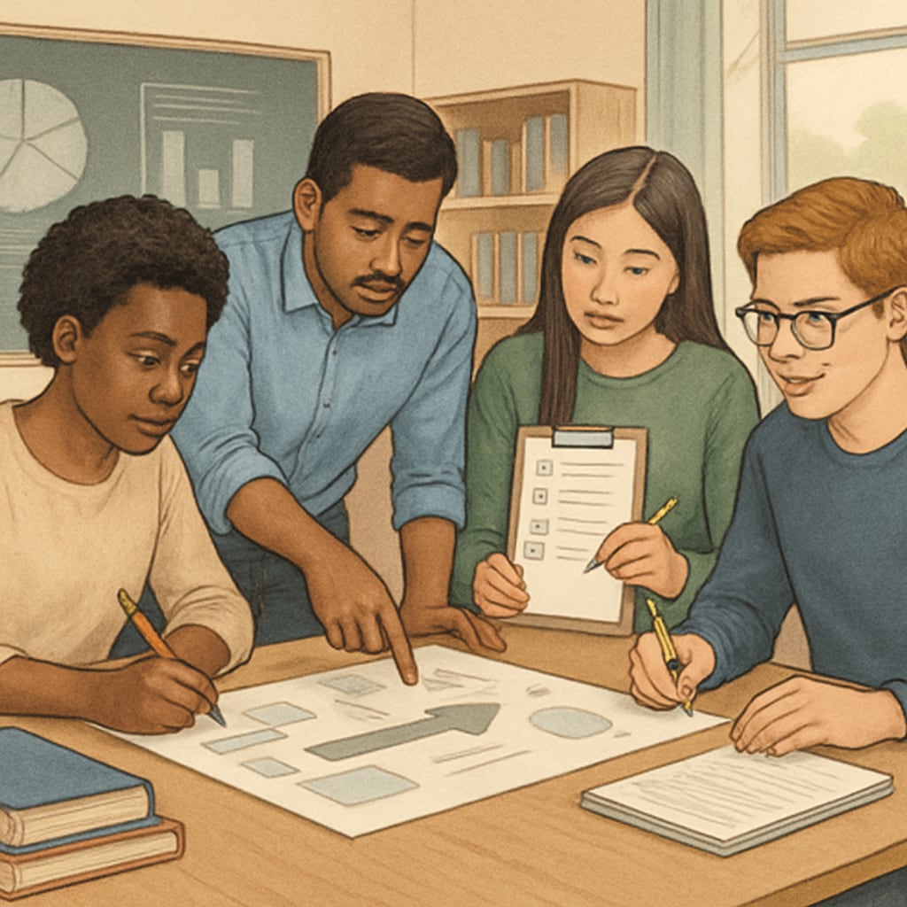 A diverse group of students engaged in a collaborative project, illustrating holistic evaluation methods. Group of students working together on a project, showcasing alternatives to traditional exams.