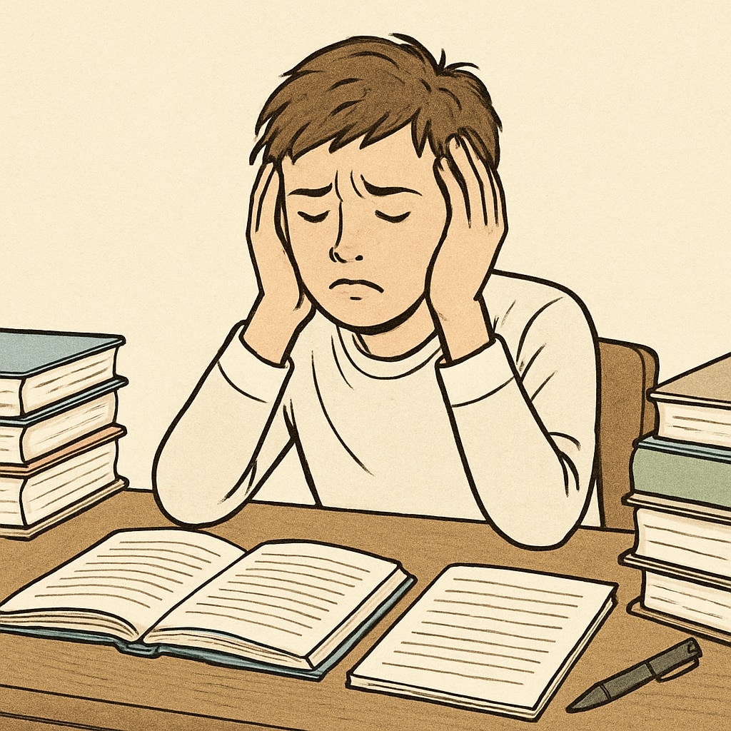 A student sitting at a desk surrounded by textbooks, looking stressed, symbolizing the emotional toll of academic and family pressures. Stressed student surrounded by books, representing academic and family pressures.