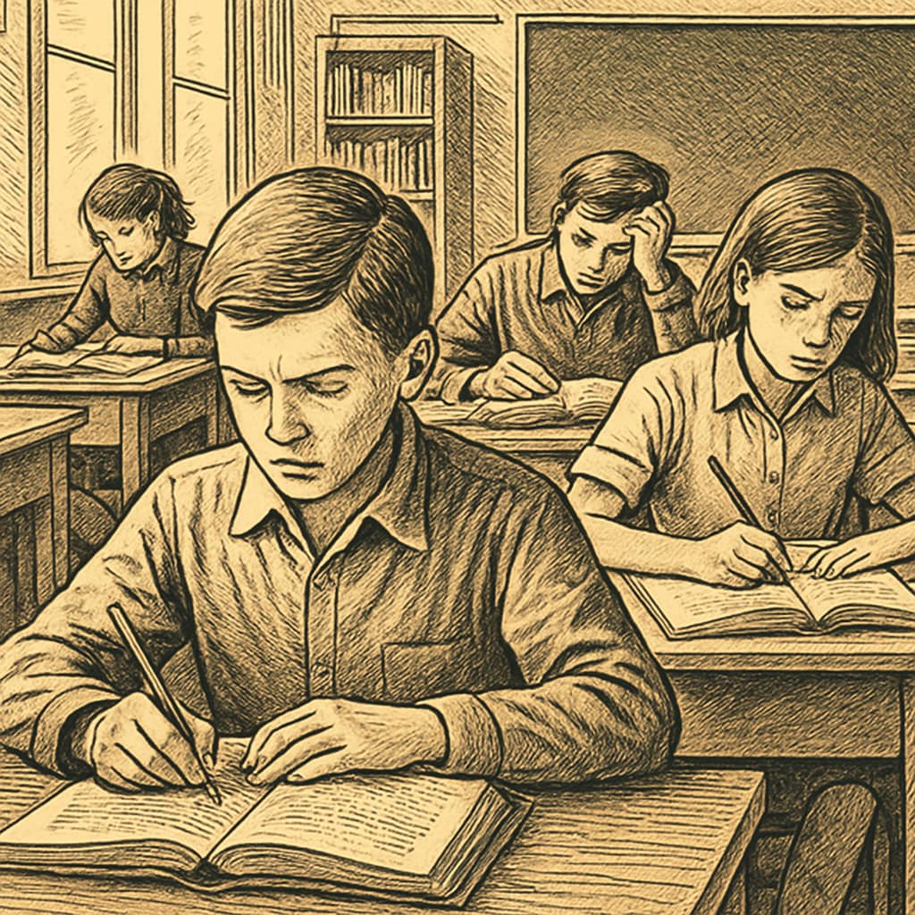A classroom setting with students intensely focused on their work, illustrating the concept of rigorous education methods. Students working intensely in a classroom, symbolizing rigorous education methods.
