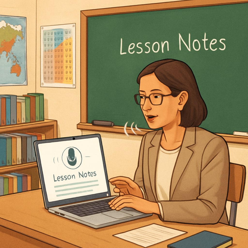 A teacher using a speech recognition tool like WillowVoice to transcribe lesson notes on a laptop in a classroom setting. Teacher using WillowVoice for speech recognition in a classroom to improve teaching efficiency and education feedback.