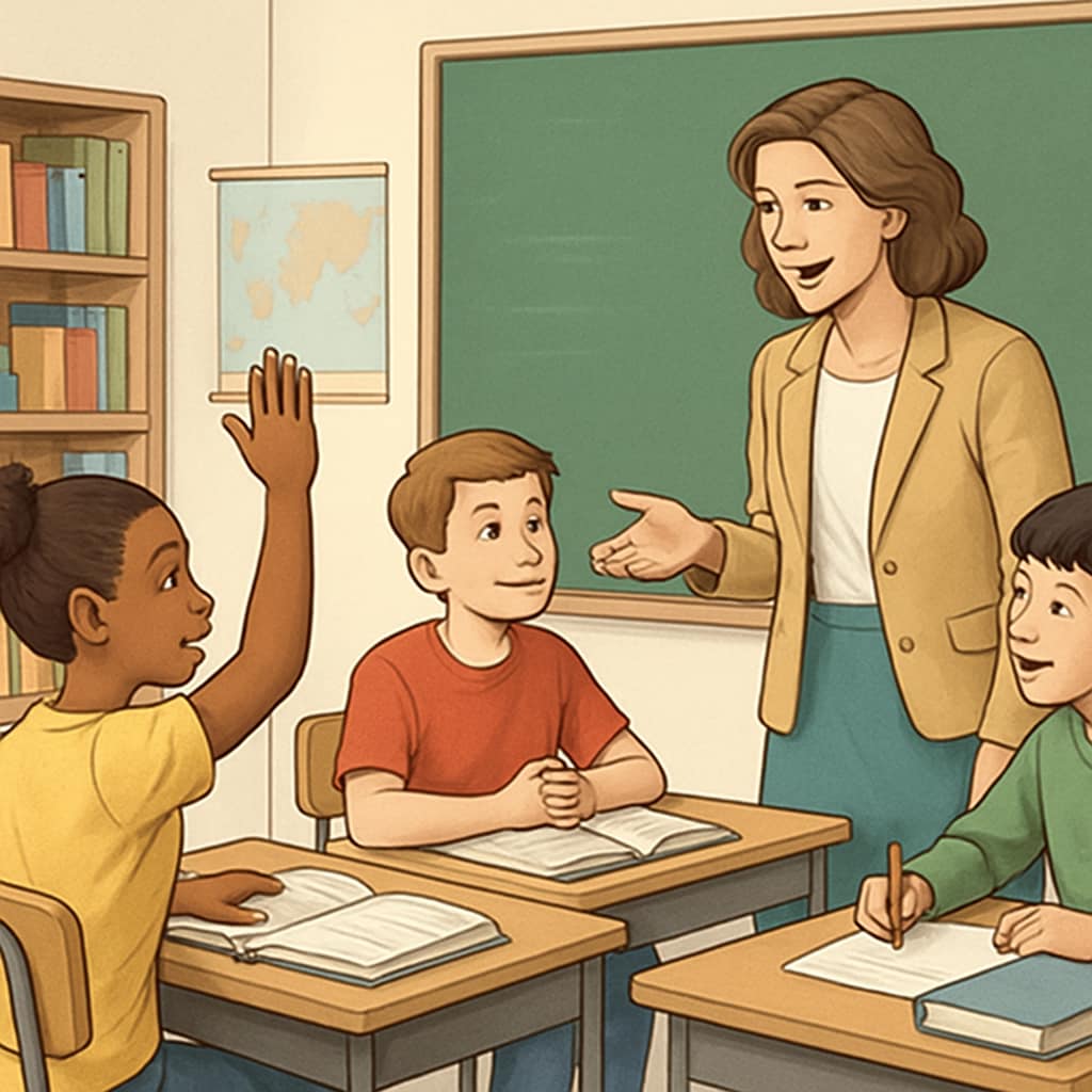 A teacher engaging with students in a supportive and interactive classroom setting, symbolizing humanistic education. A teacher interacting with students in a positive, supportive classroom environment.