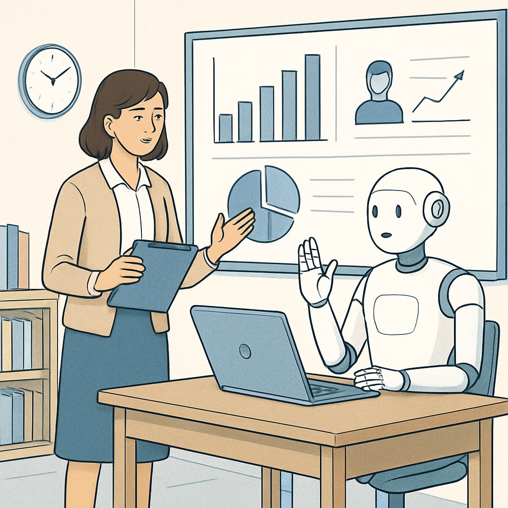A teacher collaborating with an AI system to analyze student performance data. Teacher using AI analytics to track student progress in education