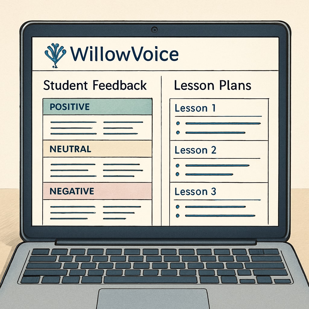 A close-up of a laptop screen displaying WillowVoice's interface, with categorized student feedback and lesson plans visible. WillowVoice interface showing categorized lesson plans and student feedback for K12 education.
