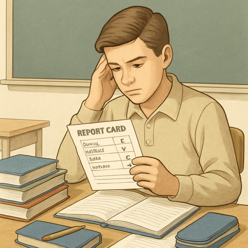 A high school student reviewing their grades and reflecting on their academic progress. A student analyzing their transcript for Harvard application.