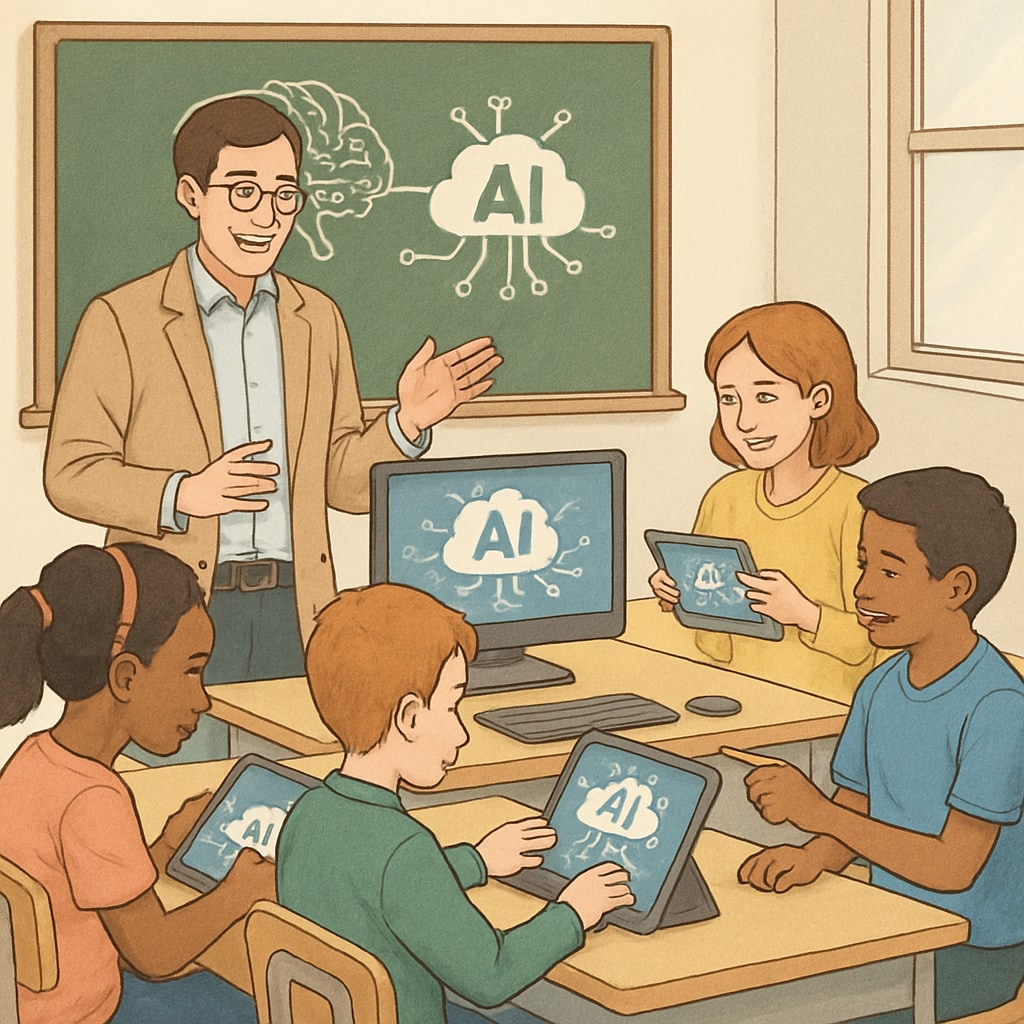 An educator interacting with students using AI-based tools in a classroom environment, symbolizing the integration of AI in learning. AI in education, teacher using AI tools with students.