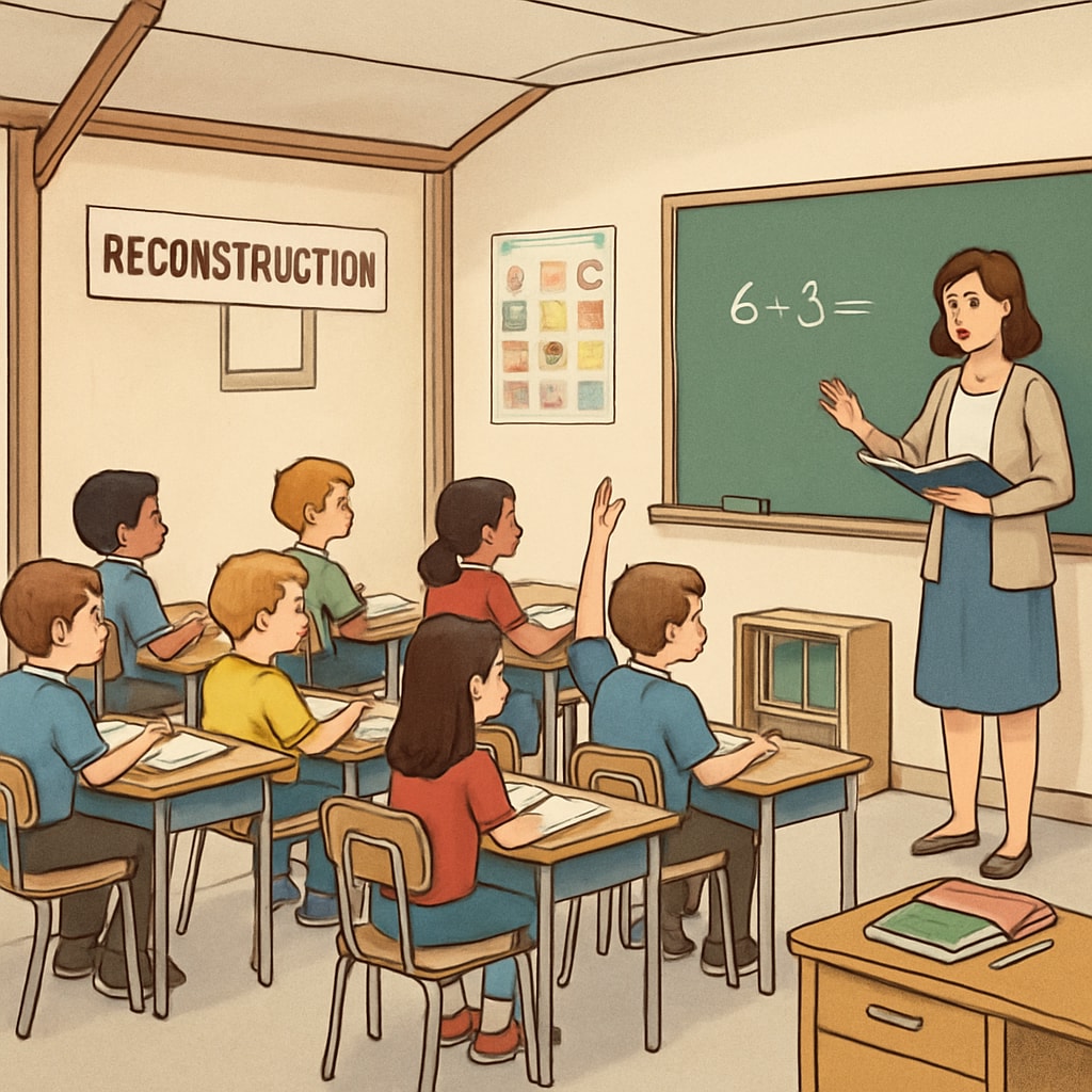 A temporary classroom setup in a school under reconstruction, showing students adjusting to a smaller learning environment. Temporary classroom setup in a reconstructed school environment affecting elementary students.