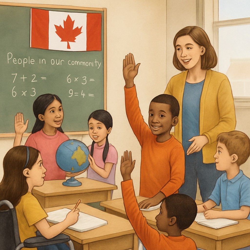 A classroom setting in Canada with students and a teacher interacting, symbolizing inclusivity and diversity in education. Canadian classroom highlighting inclusivity and diversity