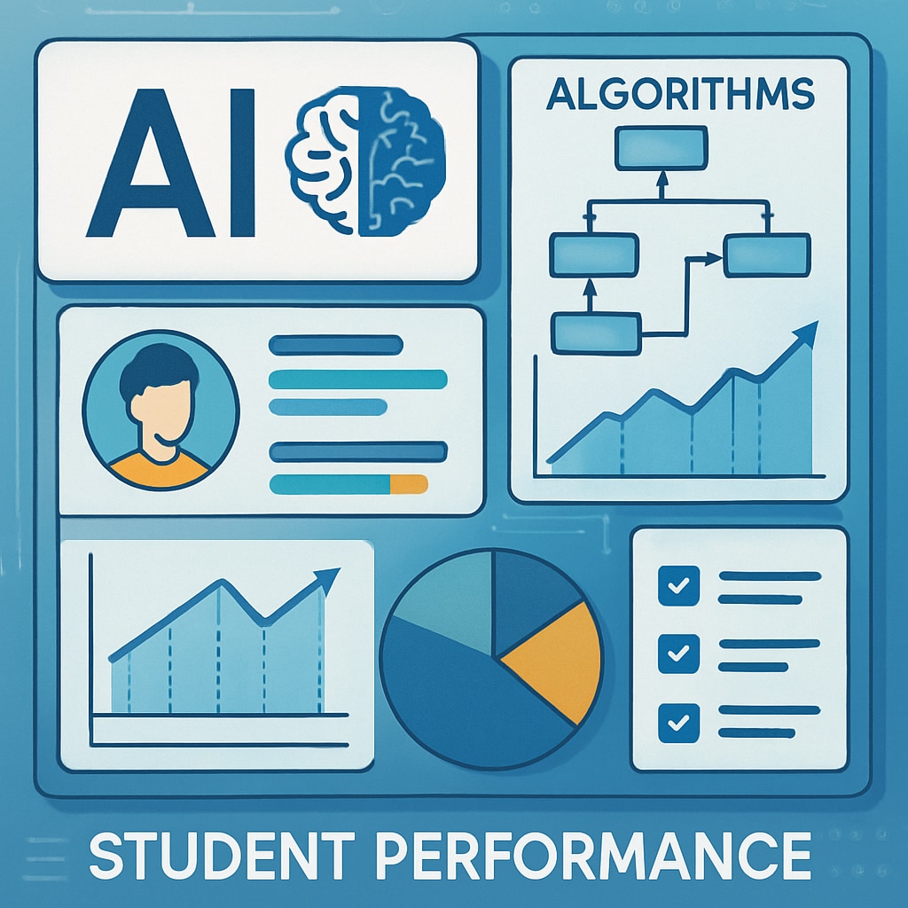 A futuristic digital interface displaying AI algorithms analyzing student performance metrics, illustrating the role of AI in assessments. AI algorithms in education, analyzing student metrics for competitive exams.