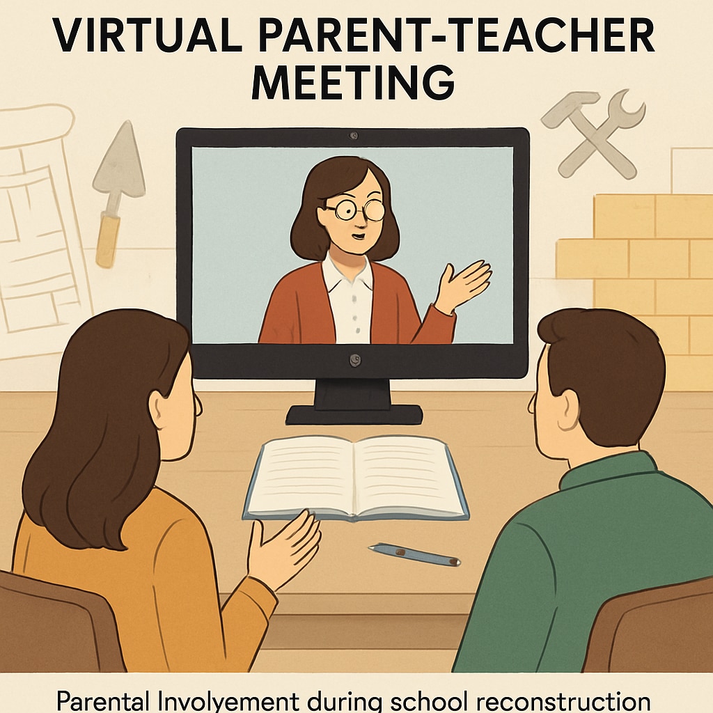 A parent-teacher virtual meeting highlighting the importance of maintaining parental involvement during school reconstruction. Parent-teacher virtual meeting showing ways to sustain parental involvement during school reconstruction.