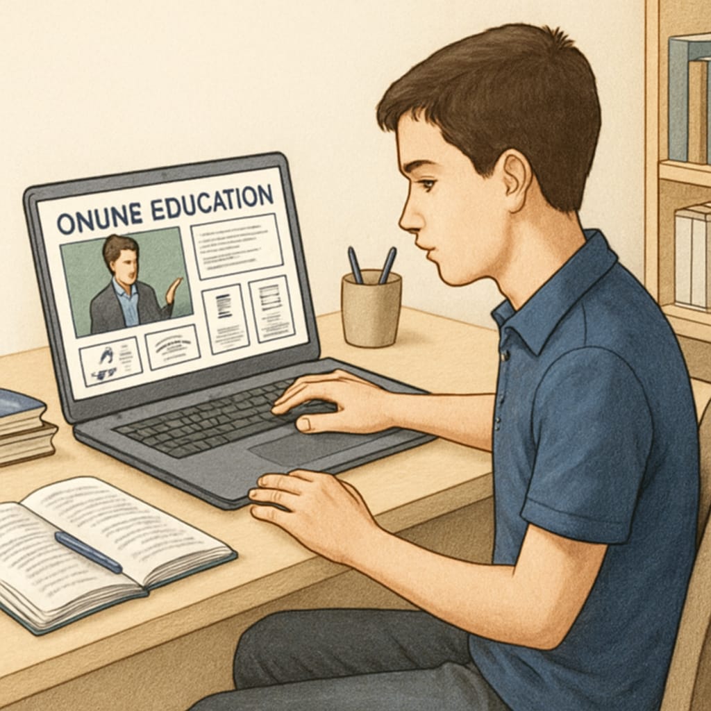 A screenshot of a high school student exploring an online education platform on their laptop. High school student using an online platform for extracurricular learning and study resources.