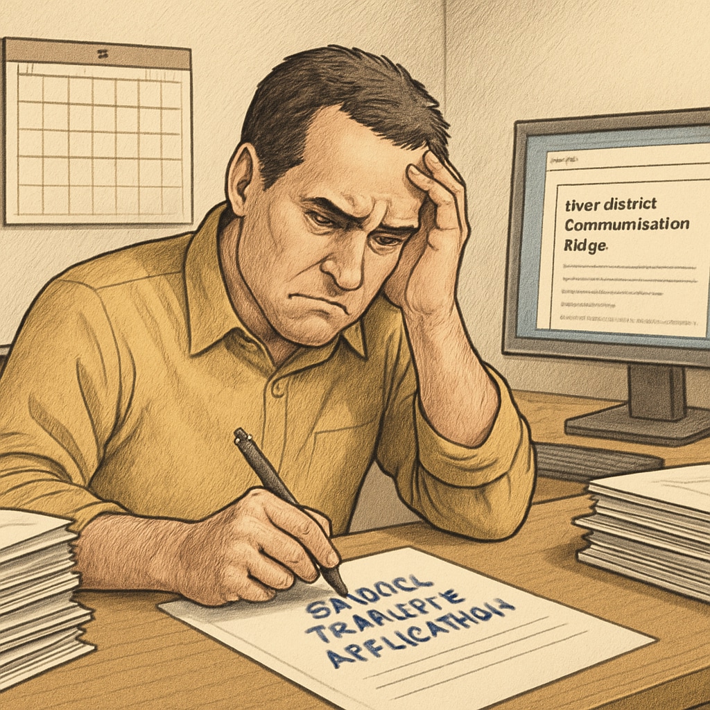 A concerned parent filling out a school transfer application while facing frustrating delays caused by inter-district communication issues. Parent frustrated with school transfer application delays caused by inter-district communication barriers.