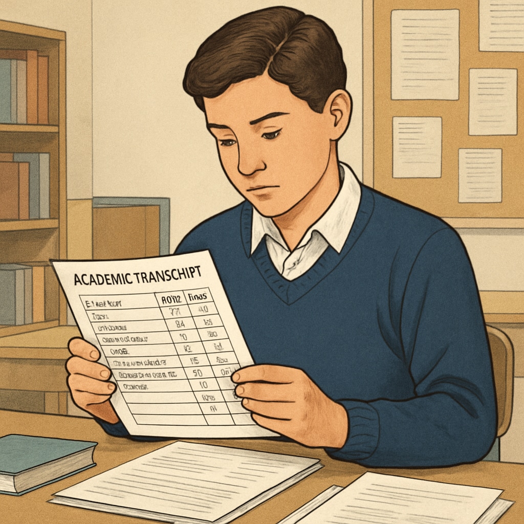 A high school student reviewing their transcript, symbolizing academic evaluation and the importance of grades in college applications. A student reviewing their transcript, related to the topic of Harvard applications and grades.