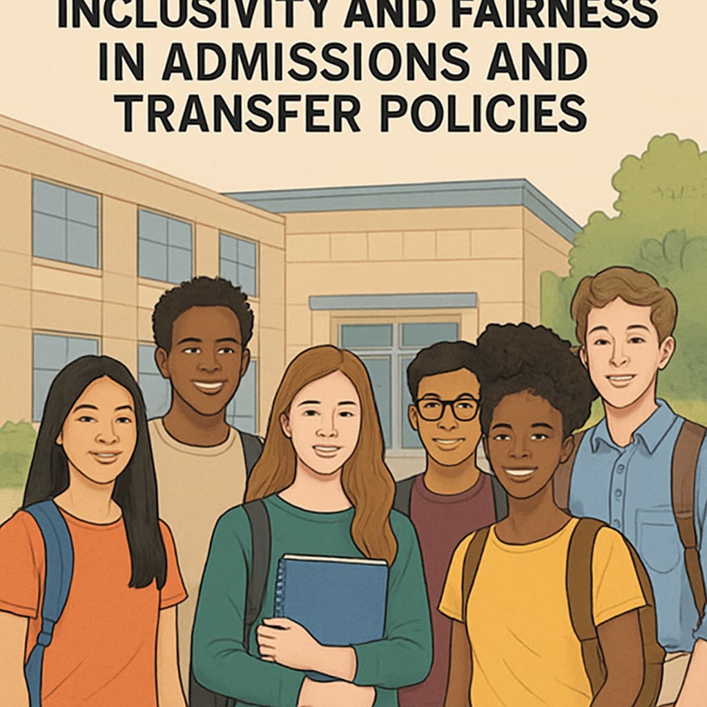 A diverse group of students standing outside a school that promotes equity in admissions and transfer policies. Students outside a school advocating for equity in transfer policies and admissions.