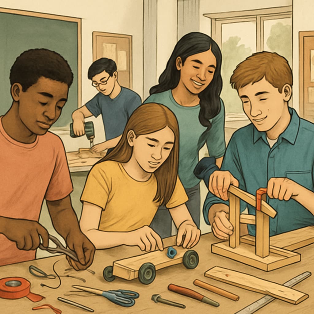 A group of high school students participating in a community workshop, with hands-on activities taking place. High school students engaged in a community-based learning program involving practical activities.