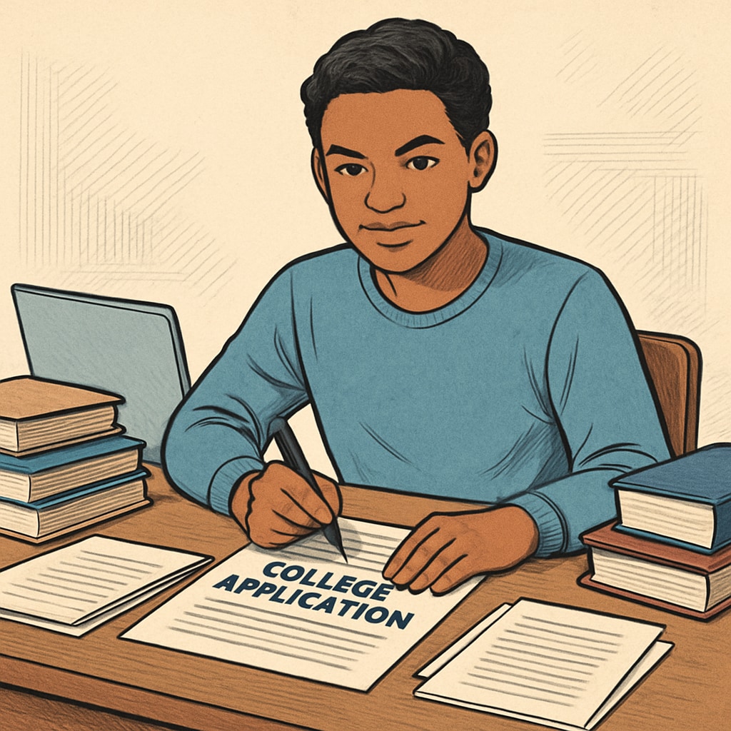 A confident student writing their college application, symbolizing resilience and preparation for elite university admissions. A student working on their application, showcasing resilience in the face of academic challenges for Harvard.