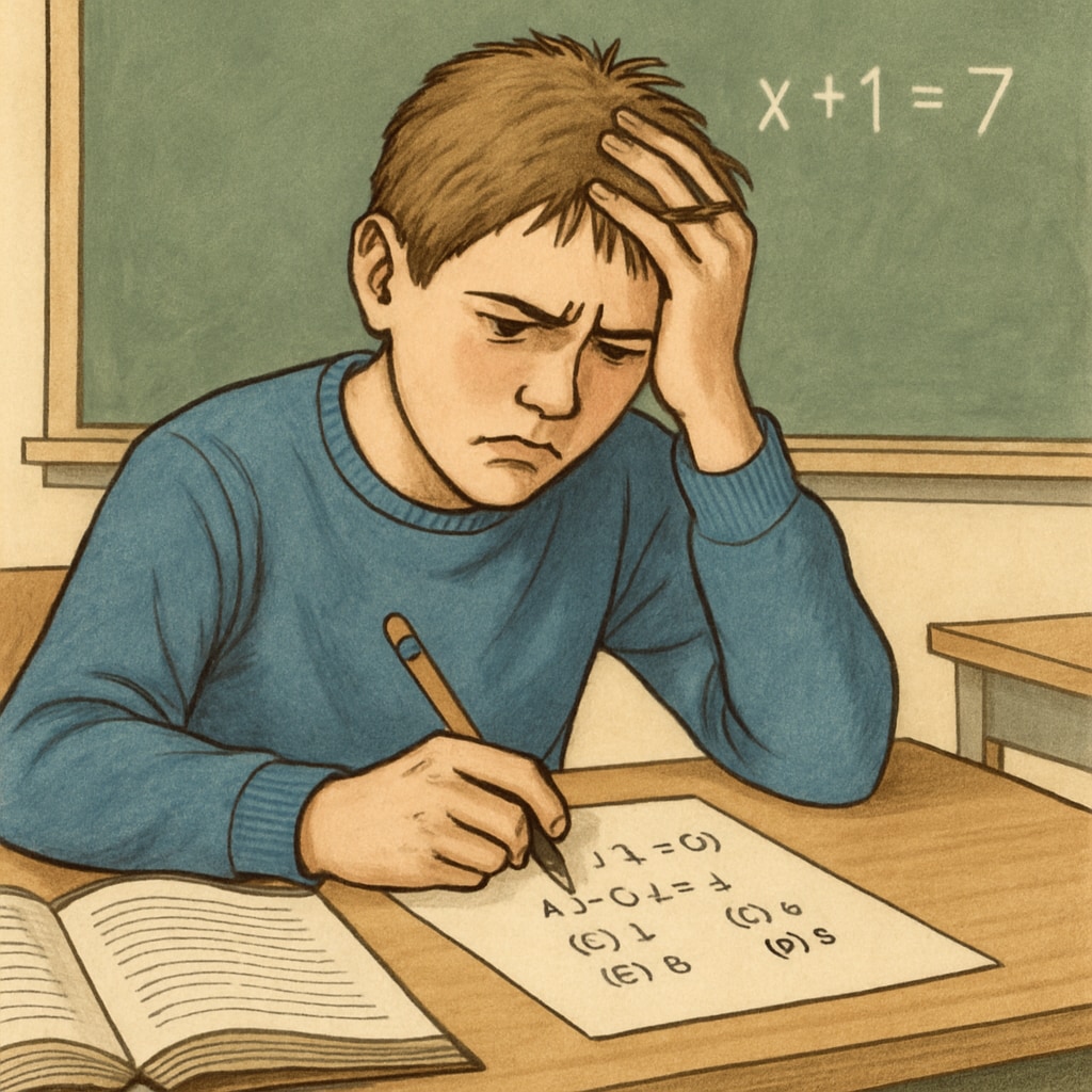 A student struggling to answer multiple-choice math questions, highlighting math anxiety.