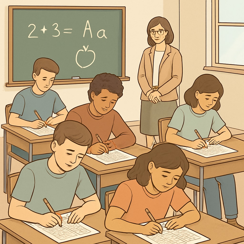 A classroom scene showing students taking a standardized test, highlighting the importance of assessment resources. Classroom scene with students taking a test, emphasizing assessment tools.