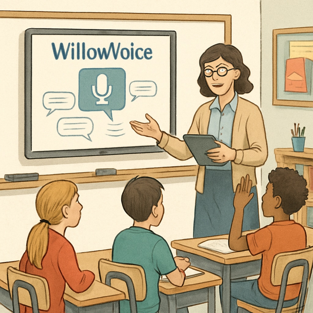 Teacher using WillowVoice for voice recognition in classroom discussion.