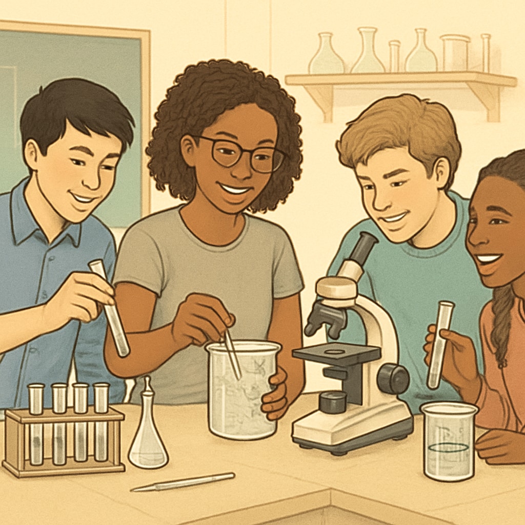 A group of high school students working together in a science lab, showcasing collaboration and inclusive learning practices. High school students collaborating in a science lab with inclusive teaching methods for ELLs.