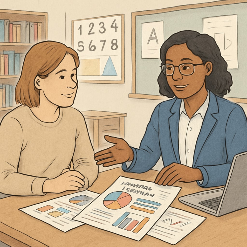 A parent and teacher discussing student progress using analytics reports from an assessment tool, demonstrating collaborative use of data. Parent and teacher reviewing student assessment data, showcasing resource effectiveness.