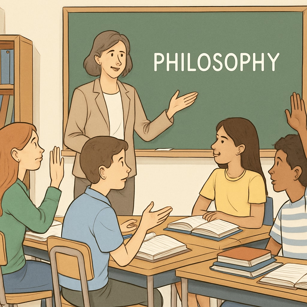 Students discussing philosophy in a classroom setting with teacher guidance.