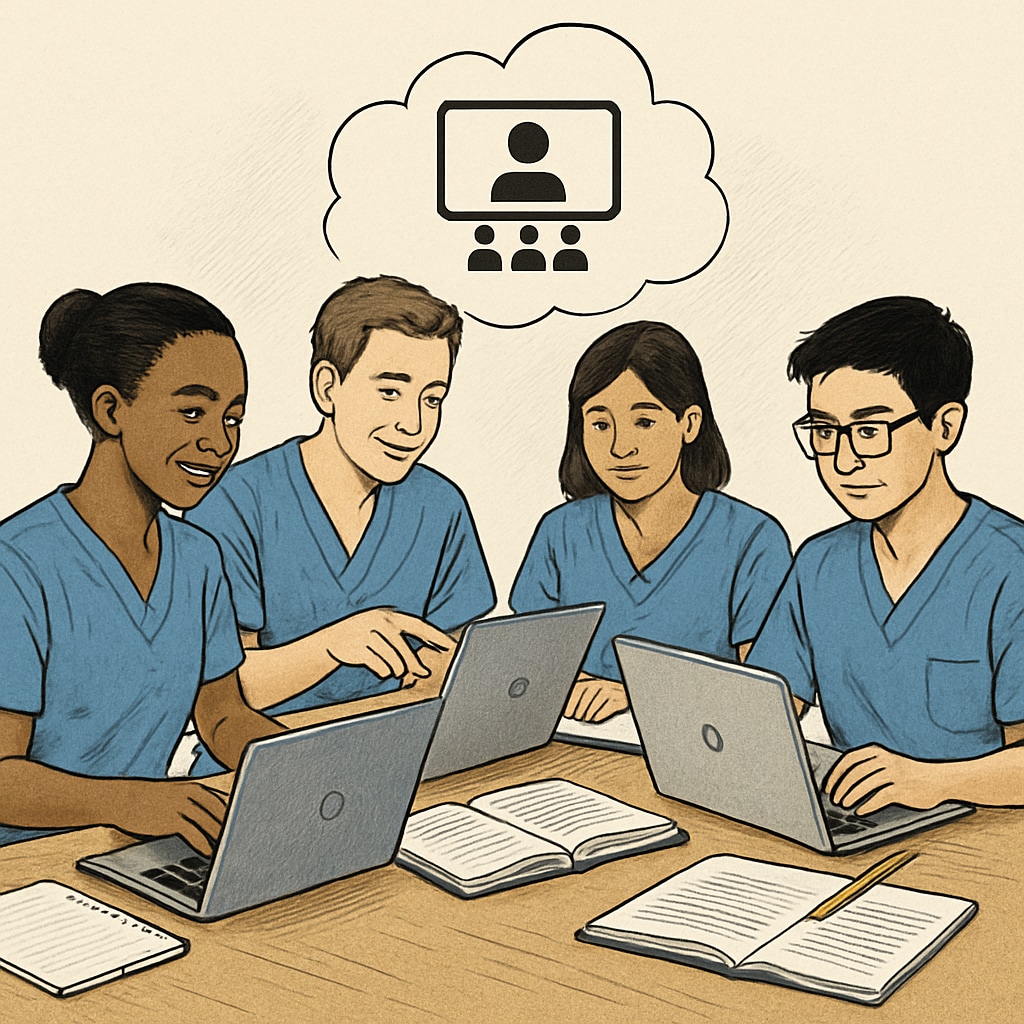 Nursing students in an online study group, representing collaborative digital learning.