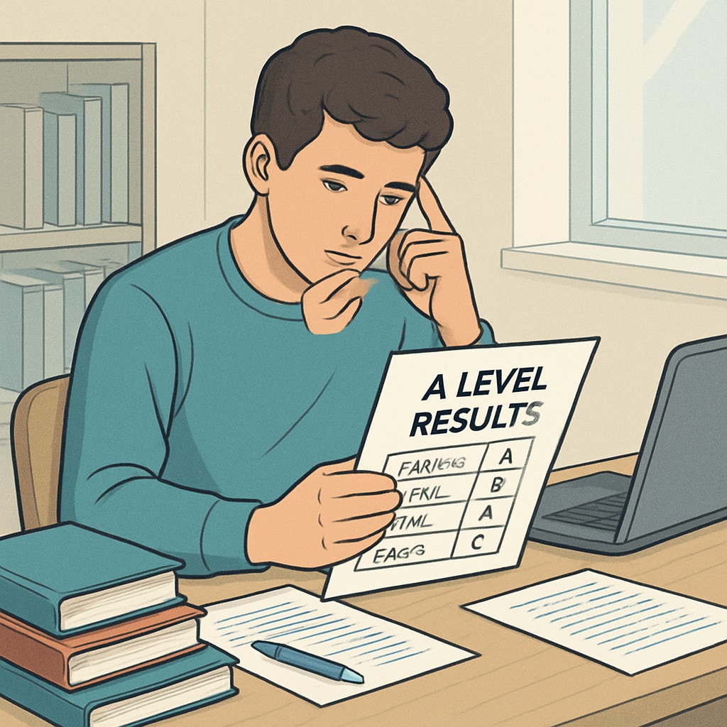 A student reviewing A-level results and planning their next steps. This image illustrates the moment of reflection after receiving exam results. Student reviewing A-level results with a pen and notebook.