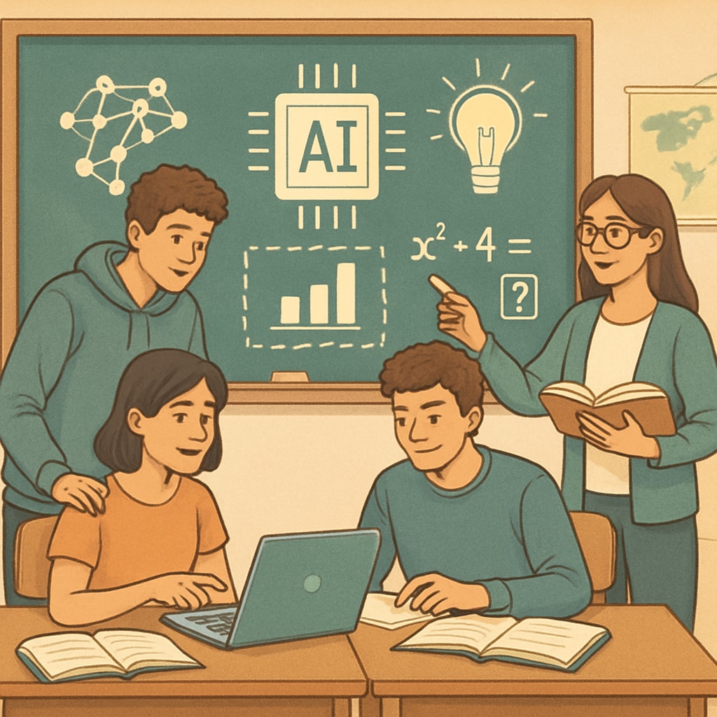 A classroom environment where students interact with AI tools to learn and solve problems collaboratively. Students using AI tools in a classroom setting to enhance learning and problem-solving.