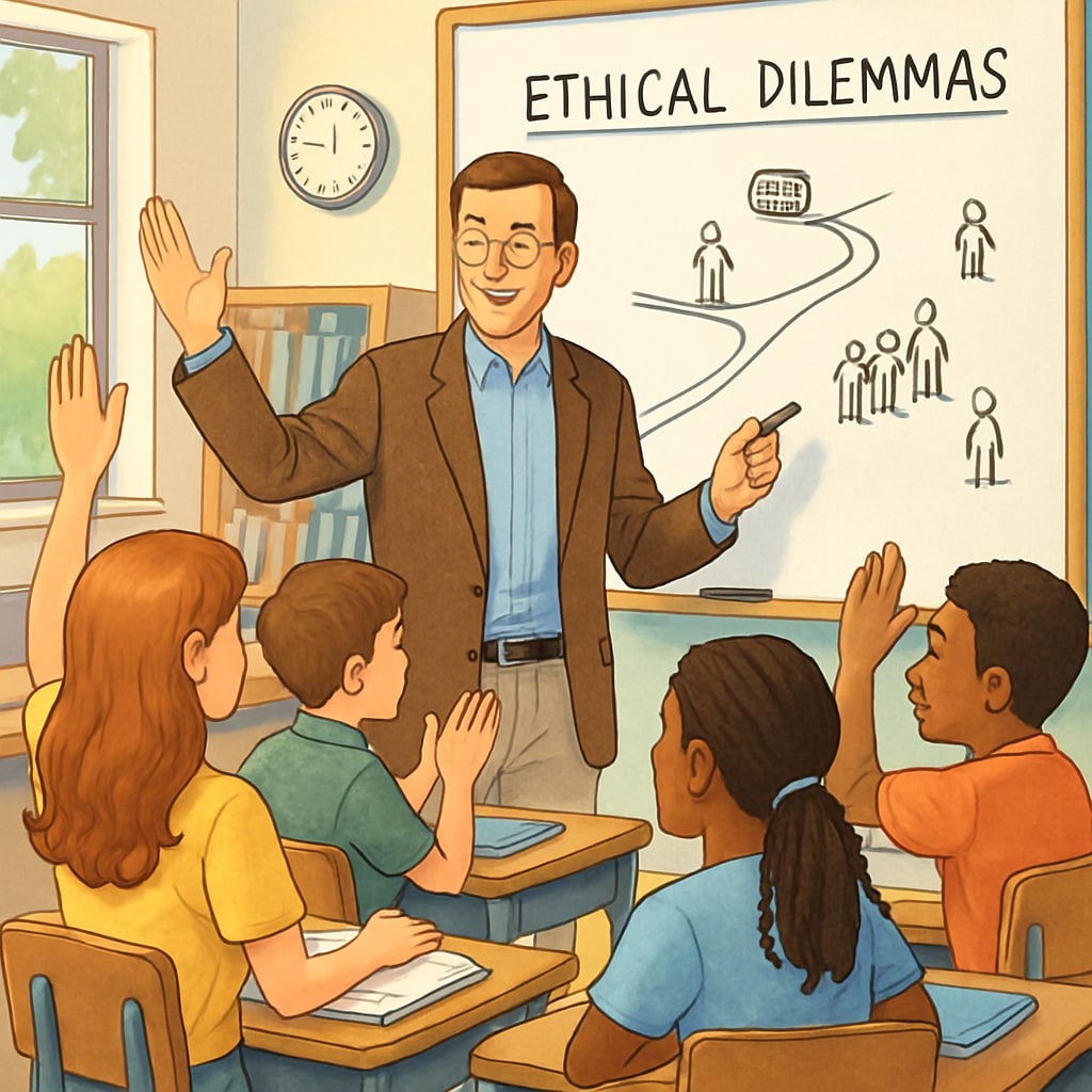 Philosophy professor leading a discussion on ethical dilemmas with middle school students.