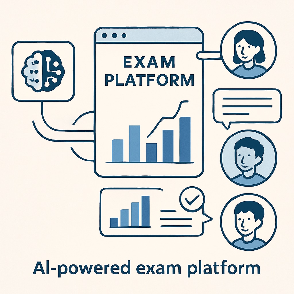 A conceptual illustration of an AI-driven exam platform analyzing diverse student responses. AI-driven assessment platform evaluating a variety of student responses.