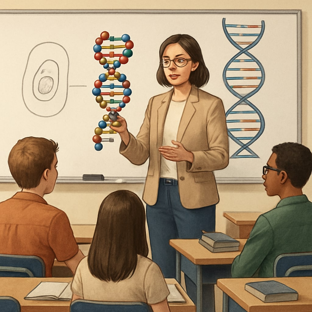 A teacher using a DNA model to teach biology, emphasizing the value of integrating a biology degree into education.
