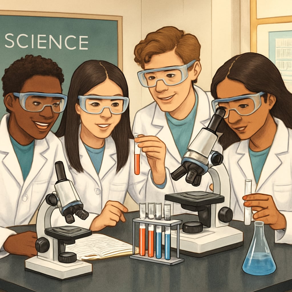 Diverse students working together on science experiments in an inclusive classroom.