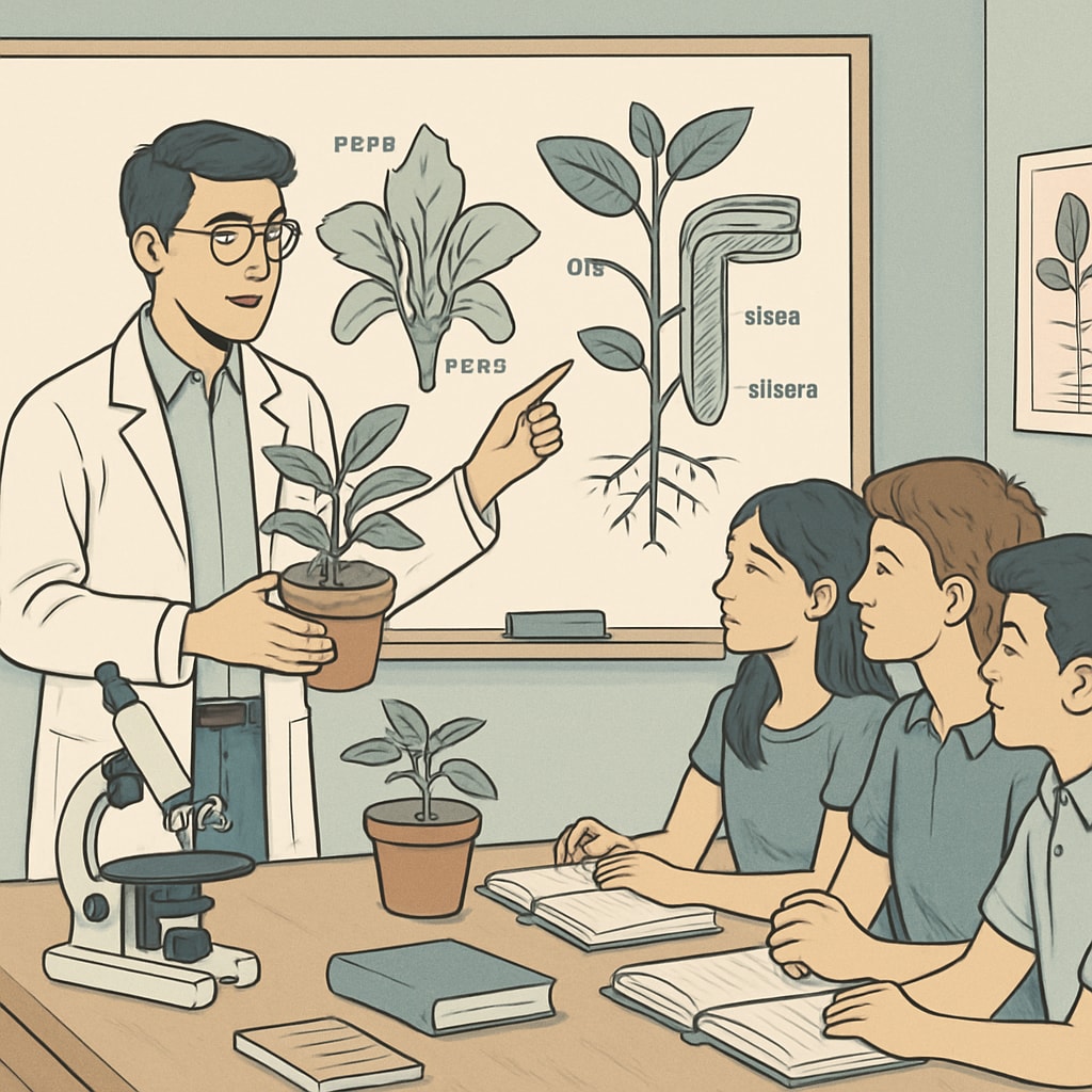 A graduate teaching plant biology, illustrating hands-on skills gained from a biology degree applied in education.