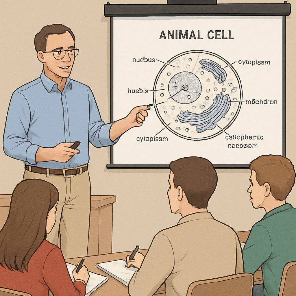 Teacher explaining a scientific diagram to students using visual aids in a classroom.