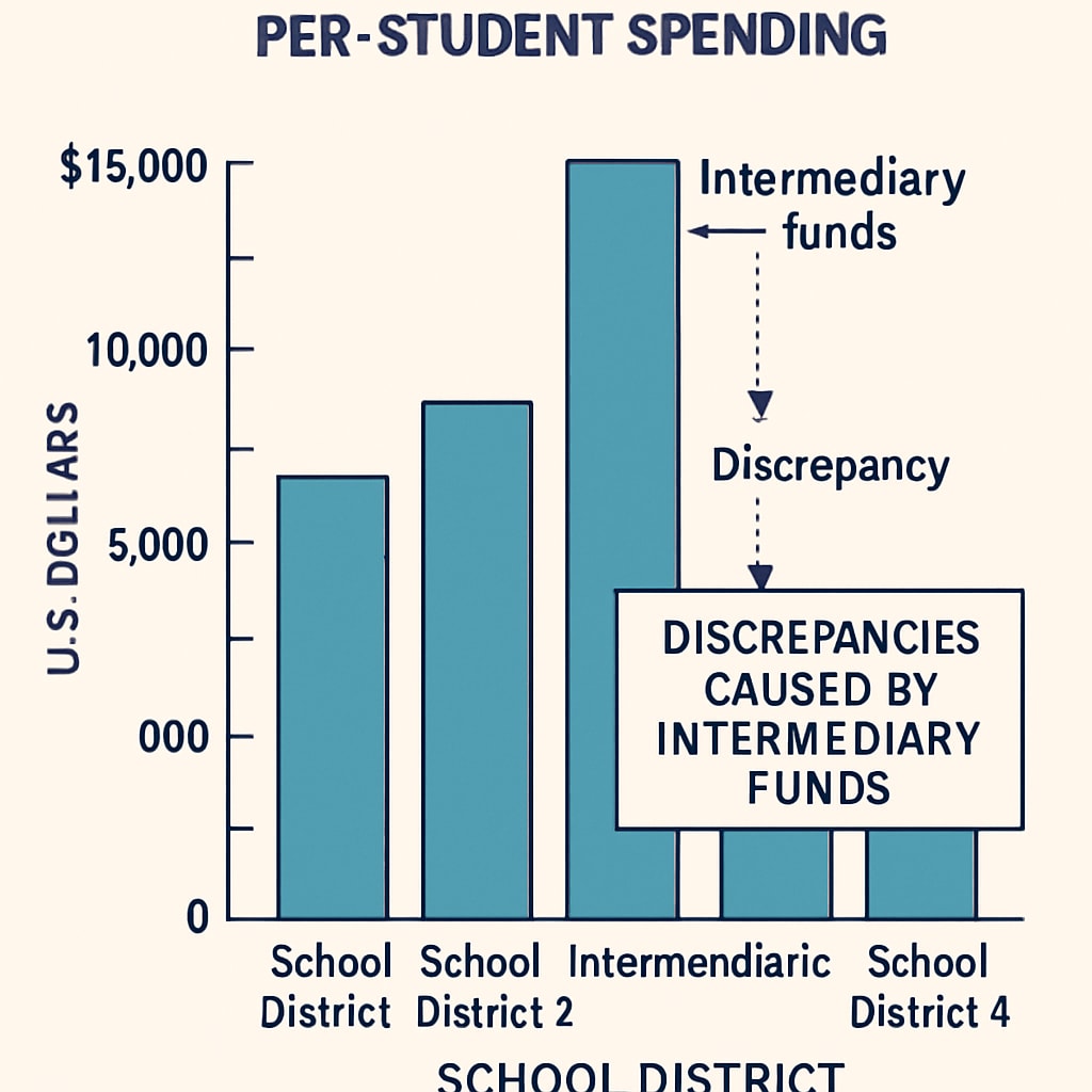 A chart illustrating how intermediary funds distort per-student spending statistics in education budgets.