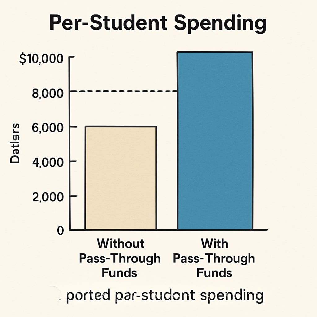 A graph illustrating the impact of pass-through funds on per-student spending statistics.