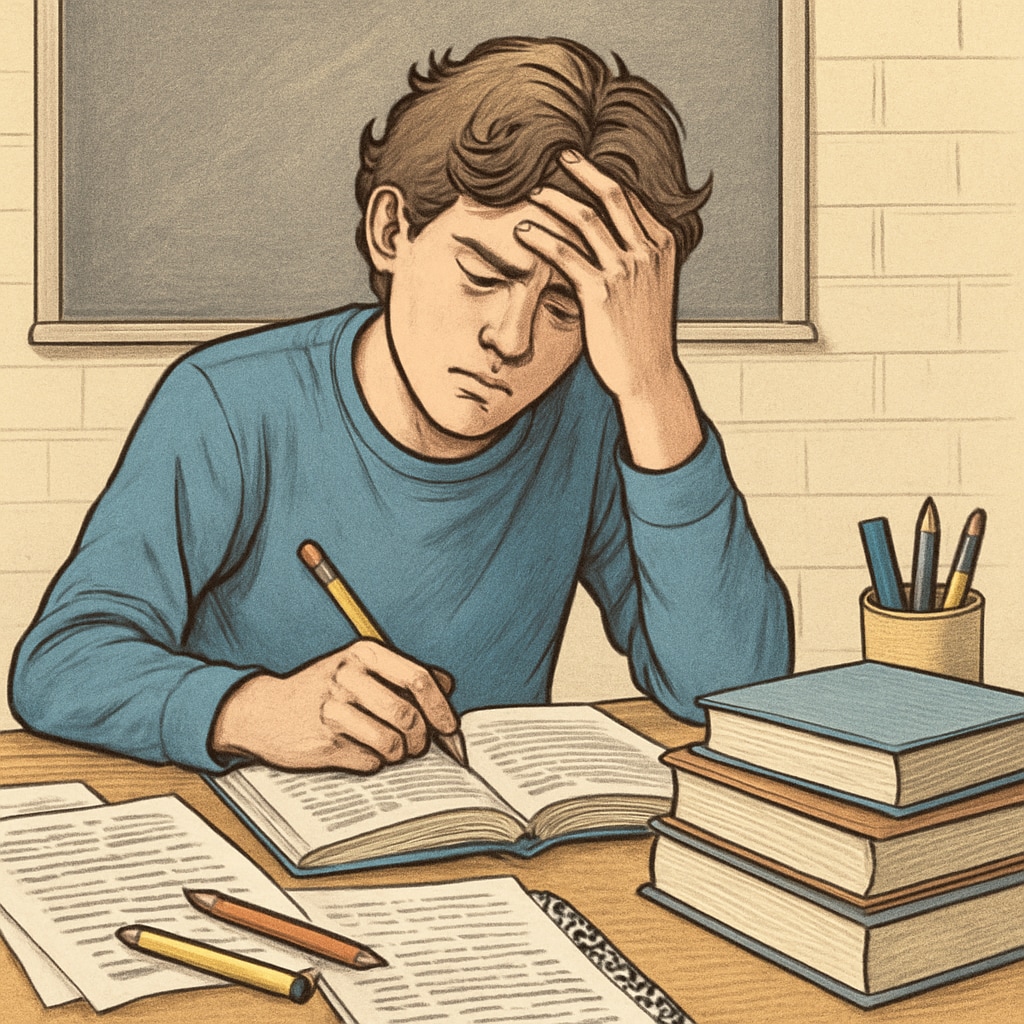 Academic anxiety symbolized by a stressed student preparing for GCSE exams.