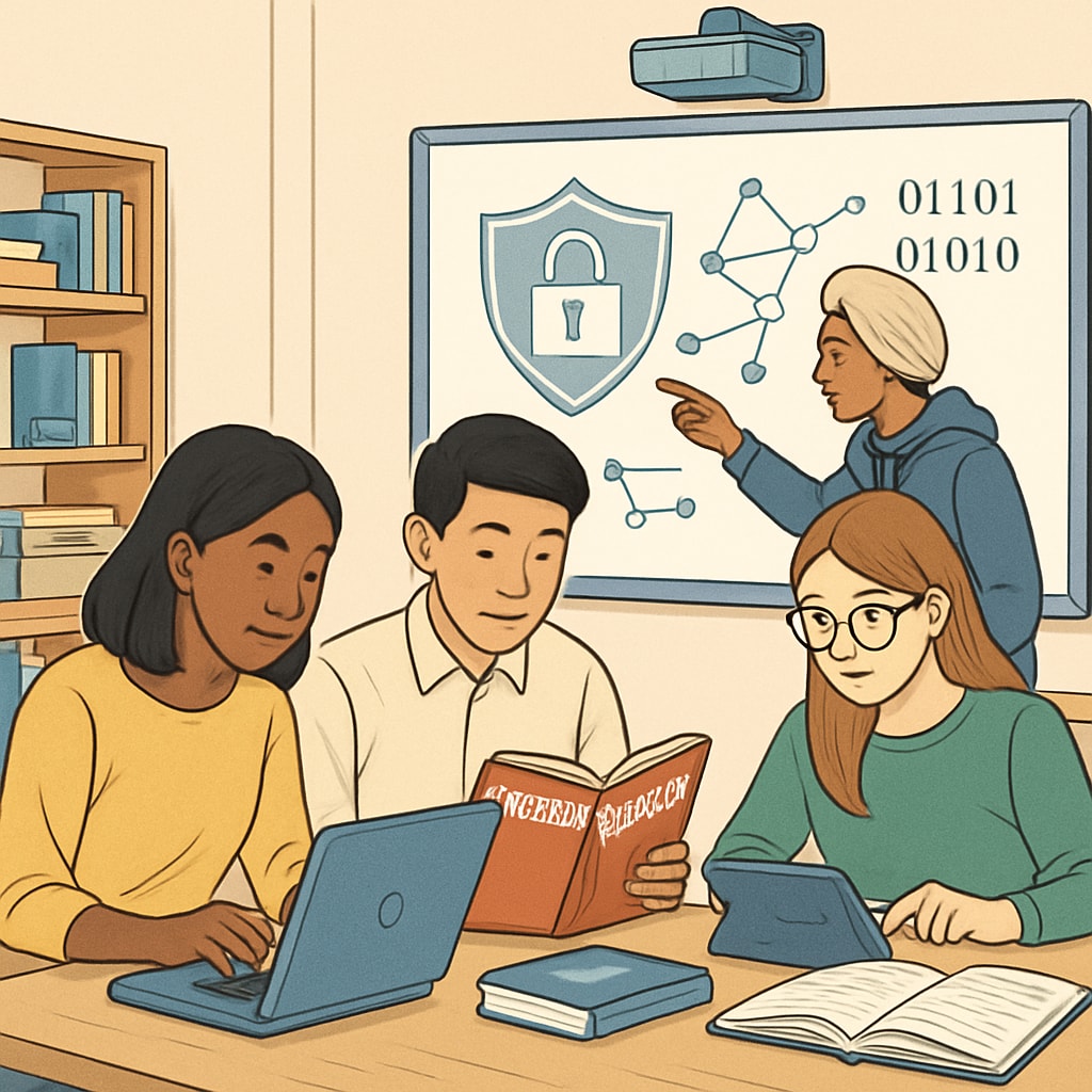 A group of diverse students working on a cybersecurity project in a modern classroom. Students engaged in a cybersecurity project, highlighting the importance of practical skills.