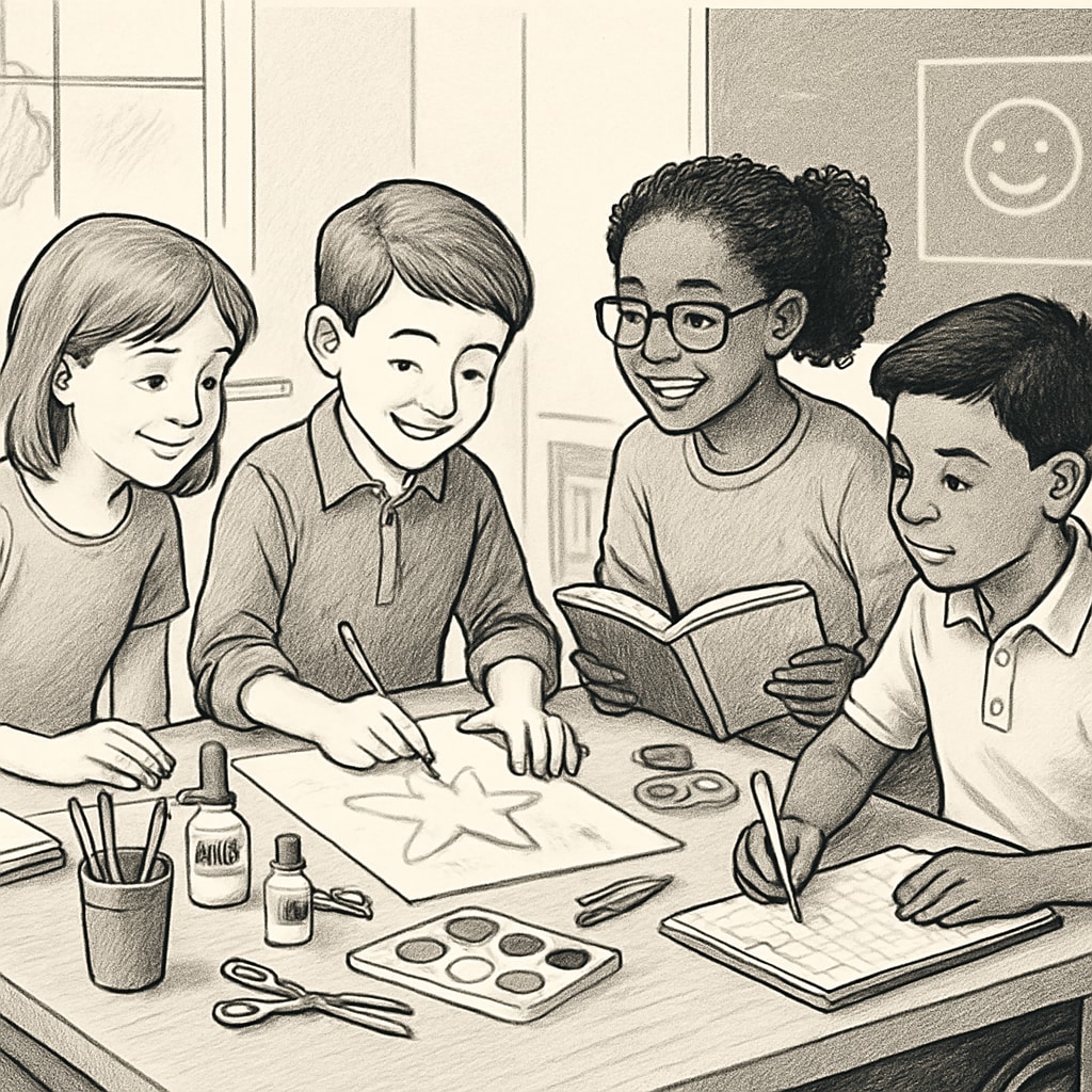 Collaboration among students focusing on teamwork and creativity beyond academic exams.